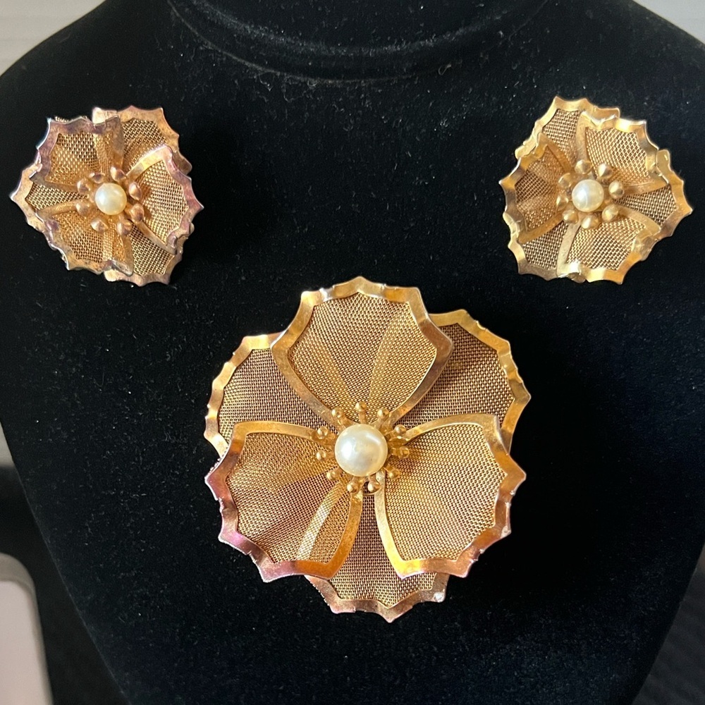 Elegant Gold Mesh Brooch and Matching Clip Earrings